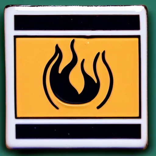 Image similar to a square enamel pin of a caution fire hazard label, smooth curves
