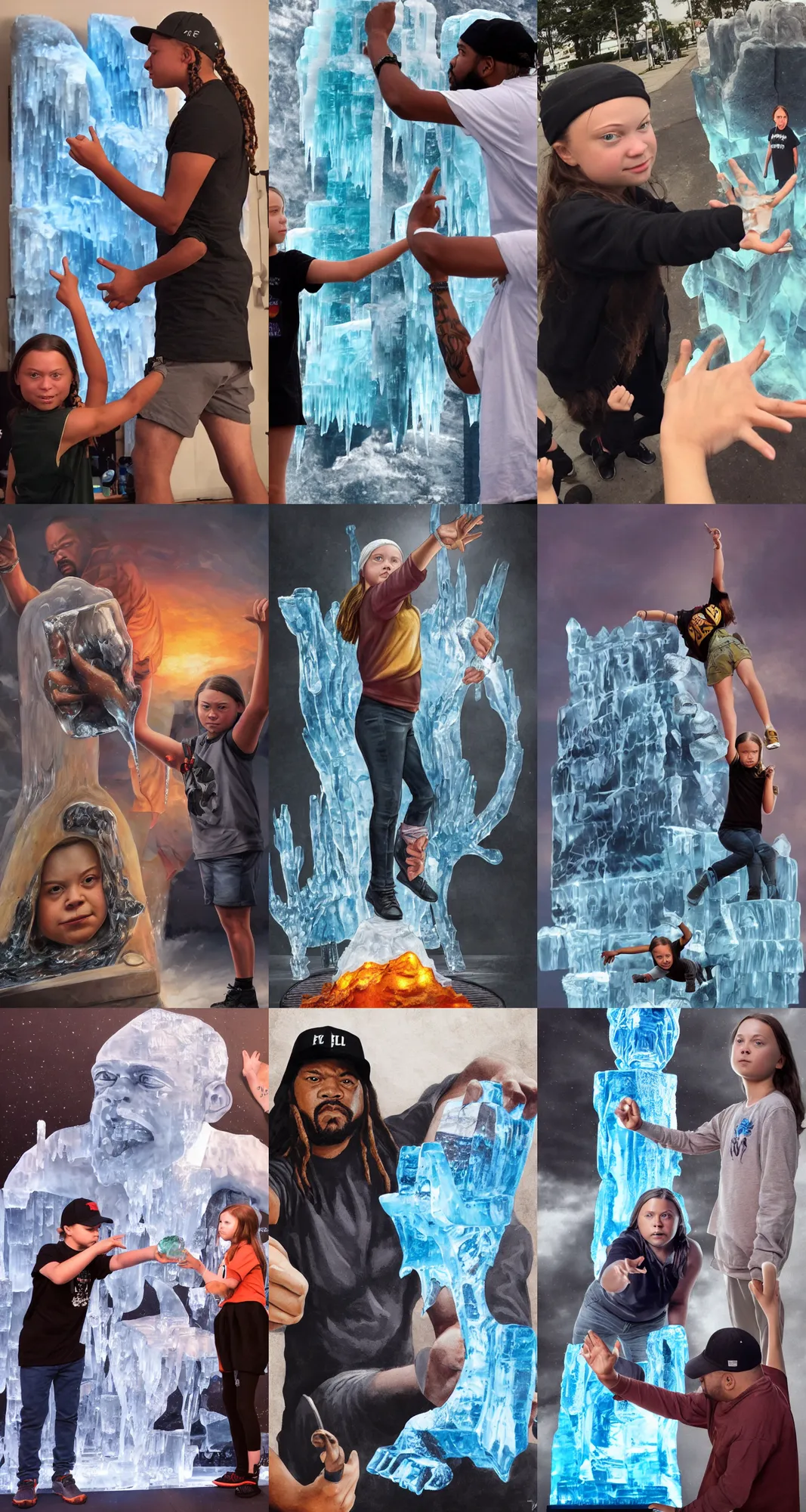 Prompt: dramatic photo, greta thunberg pointing at full body ice sculpture of rapper'ice cube'melting due to global warming, wide angle photo, award winning, artgerm, wlop, james gurney, trending on artstation