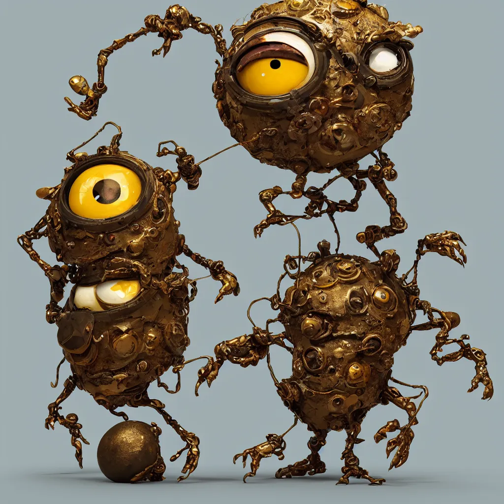 Prompt: , grotesque despair cute monster smooth paneling, one large gold eye intricate detail, style of pokemon, with damaged rusty arms, broken antenna, recycled, floating, white studio, oil, mechanical, toy, ambient light, in the style of pixar animation, pokedstudios, blender, octane render, 8 k, gediminas pranckevicius