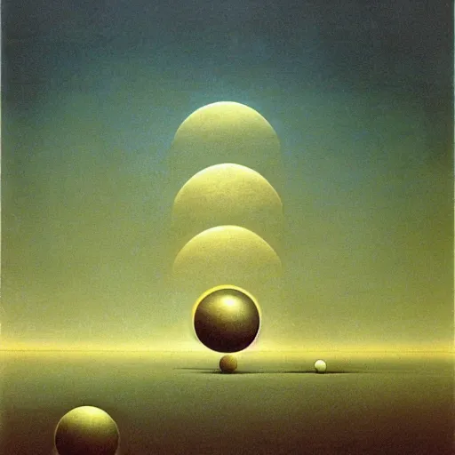 Prompt: multiple spheres floating above the horizon, spread out horizontally from left to right, zdzislaw beksinski, jim burns