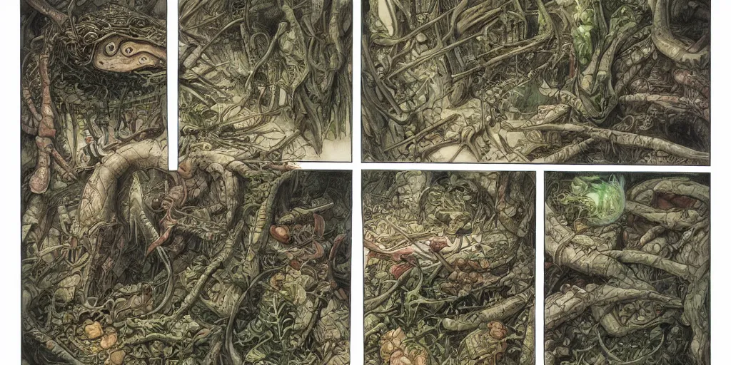 Prompt: high resolution scan of the pages of the cursed herbarium, by akira toriyama, by john howe