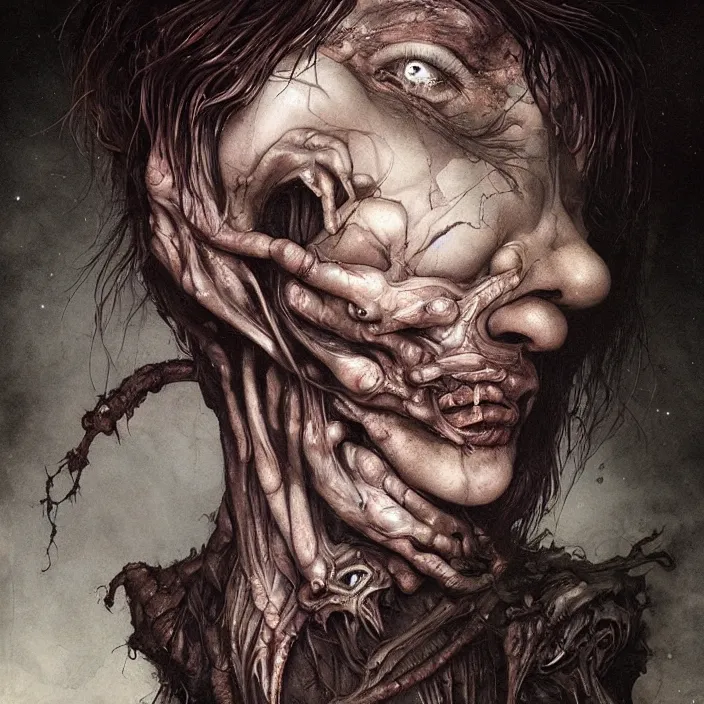 Image similar to dream portrait of a sleep paralysis demon standing over a person sleeping in bed in a dark ancient attic room,full character, melting ,8k,by tristan eaton,Stanley Artgermm,Tom Bagshaw,Greg Rutkowski,Carne Griffiths, Ayami Kojima, Beksinski, Giger,trending on DeviantArt,face enhance,hyper detailed,minimalist,cybernetic, android, blade runner,full of colour