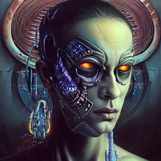 Prompt: a hyperrealistic acrylic on fibreboard portrait painting of a cyberpunk - necromancer by artgerm, beksinski and thomas kinkade. intricate details. believable eyes. head and shoulders. front on, symmetrical. epic fantasy art. indian and japanese mythology. shiva. samurai.