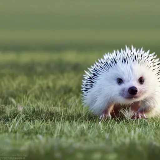 Image similar to A cute mini white hedgehog walking calmly through the field, ilustration art by Goro Fujita