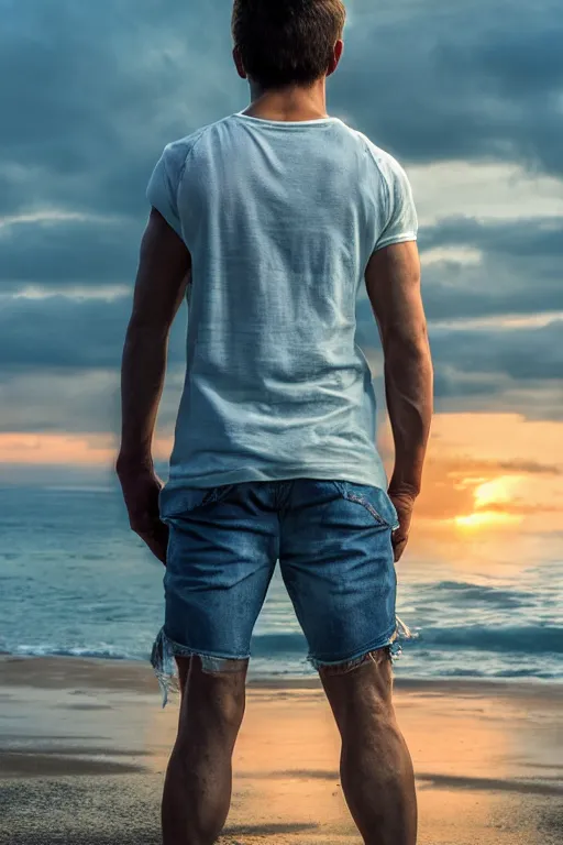 Image similar to a very muscular and defined male teen wearing ripped pants and shirt looking to the sea at sunset, godrays, complementary colors, natural lighting, portait image, path tracing, serene landscape, high quality, highly detailed, 8K, soft colors, warm colors, turbulent sea, high coherence, anatomically correct, hyperrealistic, concept art, defined face, five fingers