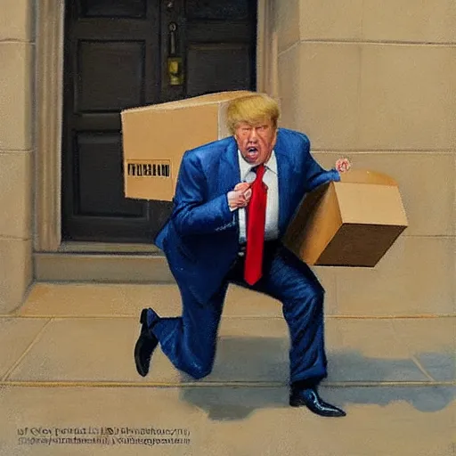 Image similar to jon mcnaughton painting of donald trump sneaking out of the white house with a box labeled top secret