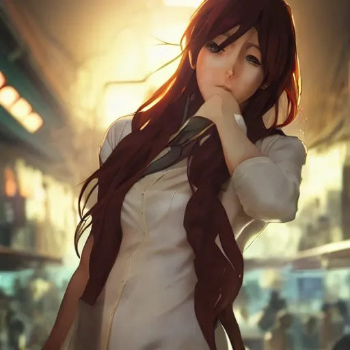 Image similar to a hyperrealistic render of Makise Kurisu from Steins;Gate, by Artgerm,Greg Rutkowski,Alphonse Mucha, Beautiful dynamic lighting,shadows,cinematic atmosphere,Artstation,concept design art,Octane render,8K