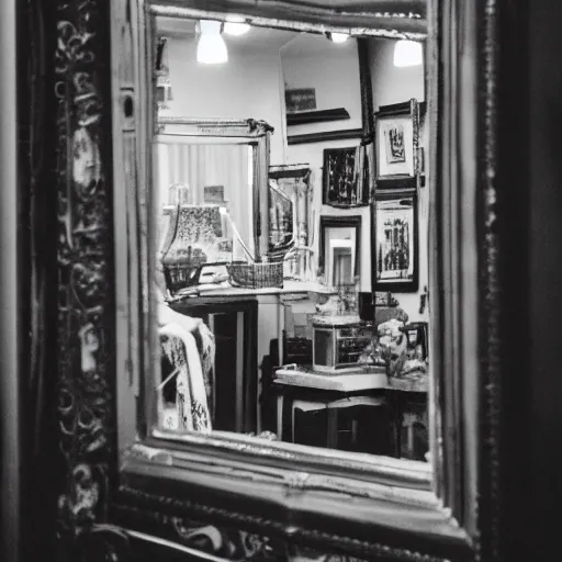 Image similar to photograph of mirror on a vintage shop, inside the mirror a reflection of an old lady smiling, black and white, 3 5 mm