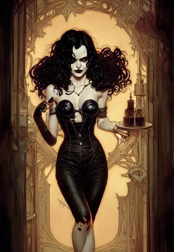 Prompt: perky character death from comic book the sandman in a small 5 0 ’ s style diner, fantasy magic, dark light night, intricate, elegant, sharp focus, illustration, highly detailed, digital painting, concept art, matte, art by wlop and artgerm and greg rutkowski and alphonse mucha, masterpiece