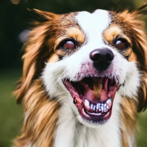 Image similar to dog with big human teeth smiling