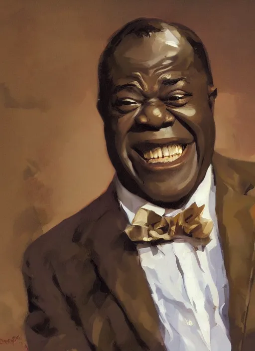 Image similar to a portrait of louis armstrong telling a joke, by greg manchess and john singer sargent and jonathan yeo, dramatic lighting, highly detailed digital painting