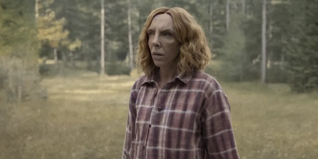 Image similar to Toni Collette as Annie Graham in 'Hereditary' (2018), movie still frame, oscar nominated cinematography, volumetric lighting, 8k resolution, beautiful composition