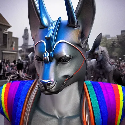 Image similar to masculine anubis on a pride parade, hyperrealistic, trending on Artstation