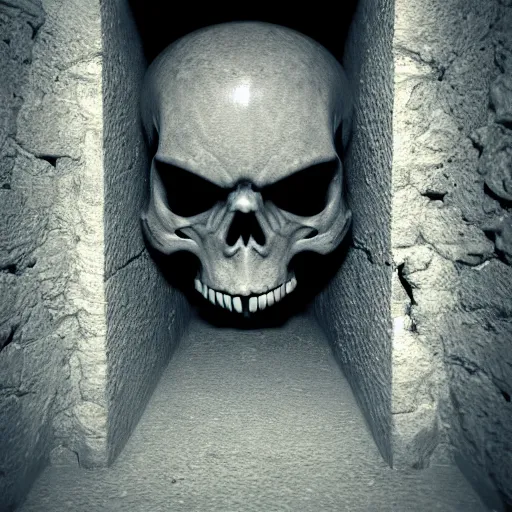 Image similar to smirking skeleton, deep in a dungeon. realistic, ray tracing, render 3 d, artstation, masterpiece, hyper realism, sharp focus, dramatic ambient light, close up, cinematic, octane render