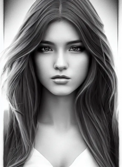 Image similar to full body portrait of a beautiful young woman in black and white, photorealistic, hair down to waist, sharp focus, in the style of Kevin Kostic, Stephen Lau and artgerm, hyper sharp focus, 8k highly detailed