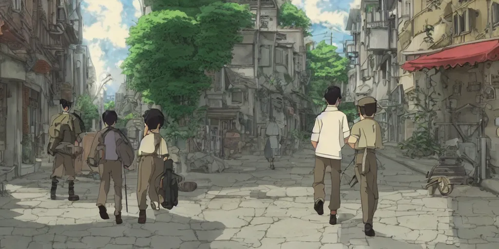 Image similar to wholesome animation studio Ghibli of a young soldier walking near some nazists and tanks in the city of Genova. Sharp bloom dramatic lightning