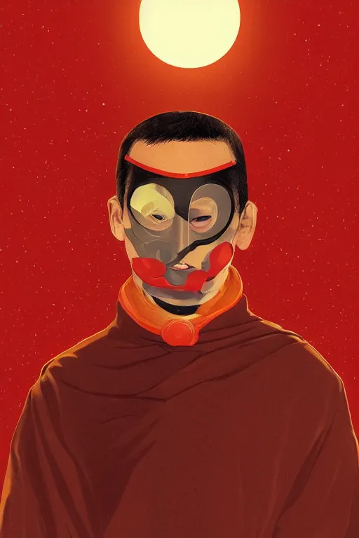 Image similar to portrait of a man with a mask on his face in the form of a spiral in a golden kimono, full face, against the background of a bright red moon, sad motif, ilya kuvshinov, dramatic, soft colors, futuristic, 8 k