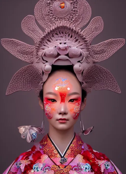 Image similar to 3 d goddess medium shot profile portrait. beautiful intricate highly detailed korean gumiho mask and traditional korean hanbok. stingray, magpie, stingray, magpie, bioluminescent, plasma, lava, ice, water, wind, creature, fog, artwork by tooth wu and wlop and beeple and greg rutkowski, 8 k trending on artstation,