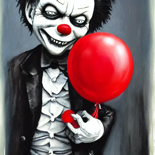 Image similar to grunge painting of donald trump with a wide smile and a red balloon by chris leib, loony toons style, pennywise style, corpse bride style, horror theme, detailed, elegant, intricate