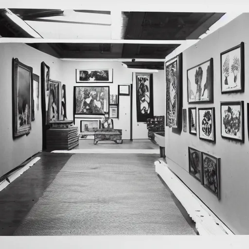 Prompt: A black and white screen print of gallery exhibition view from the 60s with colonial artifacts on display, anthropology, colonial, wild, exotic, artifacts, pedestal, ethnography, screen printing