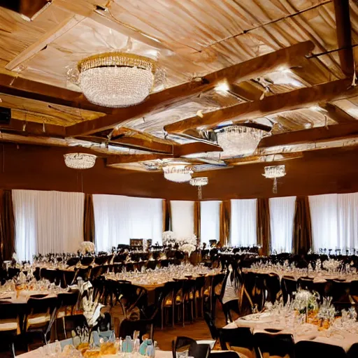 Image similar to walnut, gold, and white themed wedding reception