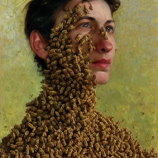 Prompt: a sculpture portrait made of bees and honey and flowers and plants, painting part by wojciech siudmak, part by ilya repin, part by max ernst, part by norman rockwell, artstation