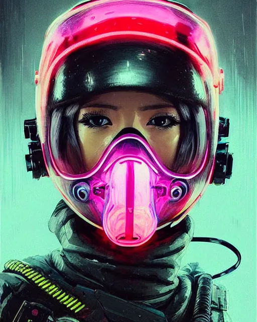 Prompt: detailed portrait neon female swat officer, cyberpunk futuristic, neon, futuristic face mask, reflective puffy coat, decorated with traditional japanese by ismail inceoglu dragan bibin hans thoma greg rutkowski alexandros pyromallis nekro rene margitte, fire & smoke, illustrated, perfect face, fine details, realistic shaded, fine - face, pretty face
