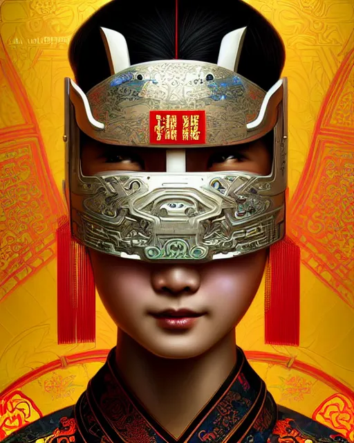 Image similar to portrait of a chinese cyberpunk machine, machine face, upper half portrait, decorated with chinese opera motifs, regal, asian, fine china, wuxia, traditional chinese art intricate intense elegant 京 剧 highly detailed digital painting artstation concept art smooth sharp focus illustration, art by artgerm and greg rutkowski alphonse mucha 8 k