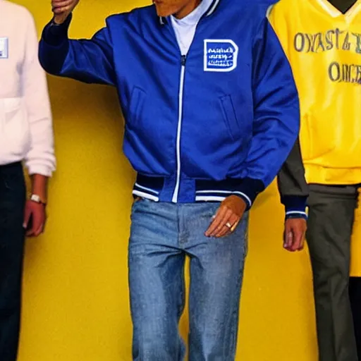 Image similar to realistic photo of casual barack obama wearing a royal blue varsity jacket with yellow sleeves