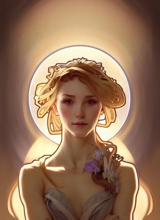 Image similar to digital character concept art by artgerm and greg rutkowski and alphonse mucha. clear portrait of a modern young wife blessed by god to uncontrollably become overwhelmingly perfect!! blonde, clothed! obviously feminine holy body!! light effect. hyper detailed, glowing lights!! intricate, elegant, digital painting, artstation, smooth, sharp focus