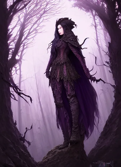 Image similar to front full detailed portrait dark witch, adventurer outfit large cloak, fantasy forest landscape, big moon, dragon scales, fantasy magic, undercut hairstyle, short purple black fade hair, dark light night, intricate, elegant, sharp focus, illustration, highly detailed, digital painting, concept art, matte, art by wlop and artgerm and greg rutkowski and alphonse mucha, masterpiece