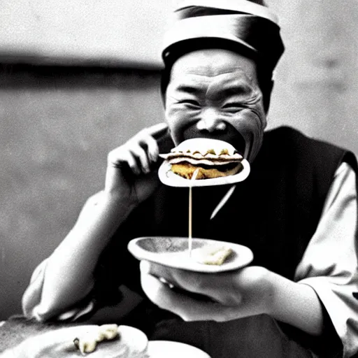 Image similar to a photo of a ecstatic man from qing empire eating a hamburger, award winning photo, high quality