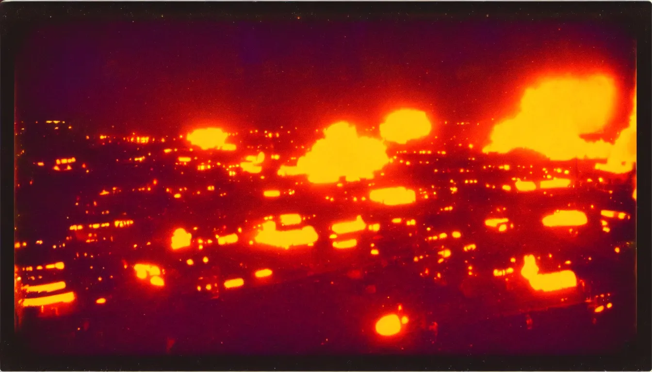 Image similar to colorful instant photograph of burning man at night, polaroid, light leak, raw, nostalgic