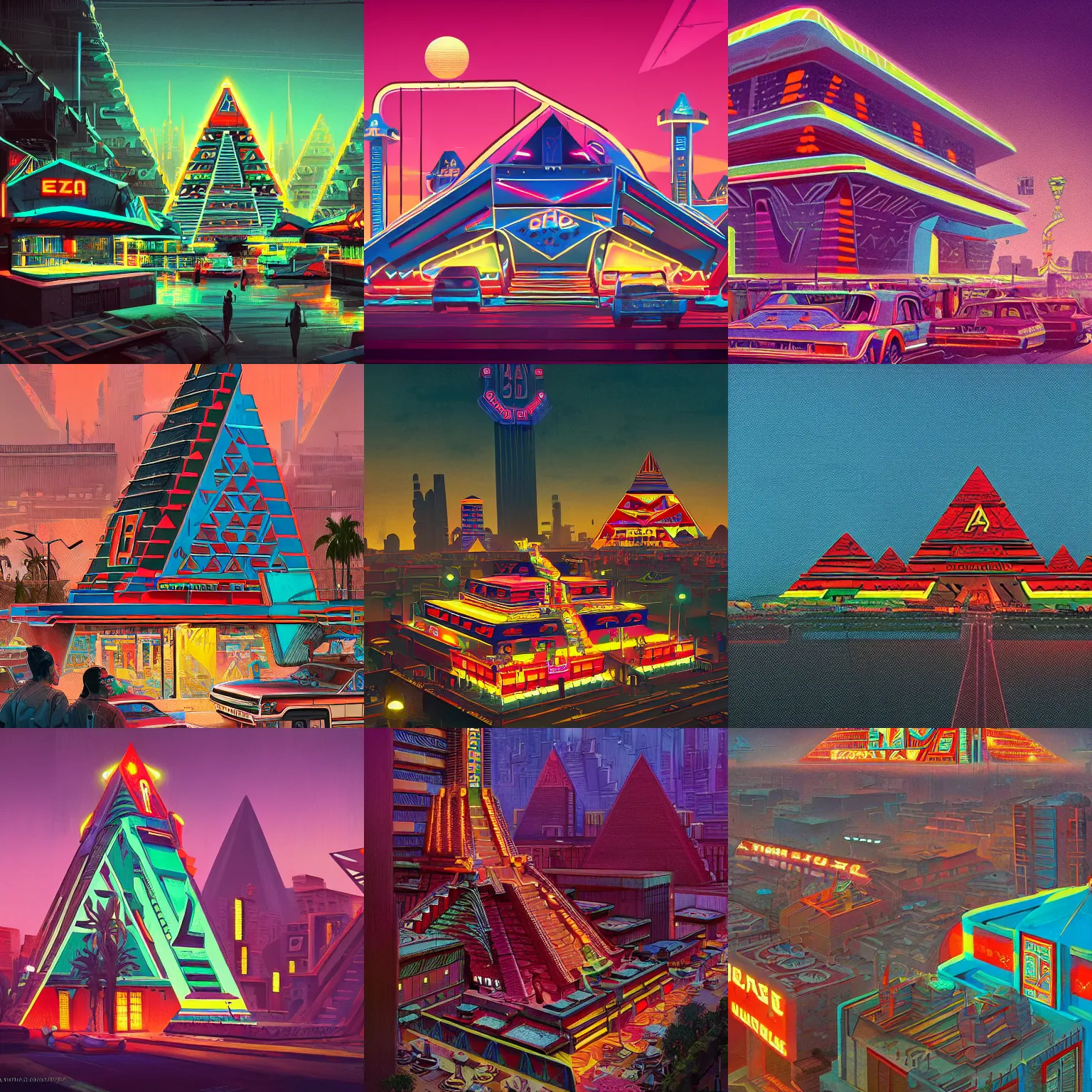 Prompt: Aztec Pyramid googie architecture in 1965 a retro futuristic aztec city, neon signs and googie style apartments highly detailed, digital painting, artstation, concept art, sharp focus, illustration, in style of Eddie Mendoza and DOFRESH and Enzhe Zhao and Greg Rutkowski