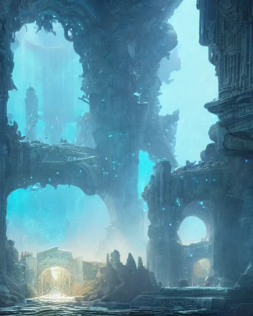 Prompt: Atlantis, palaces underwater, fantasy art, in the style of greg rutkowski, illustration, epic, fantasy, intricate, hyper detailed, artstation, concept art, smooth, sharp focus, ray tracing