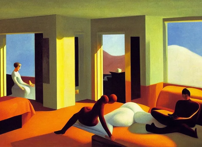 Image similar to two people in a surreal hotel room in afternoon light, open ceiling, oil painting by edward hopper, chirico and rene magritte