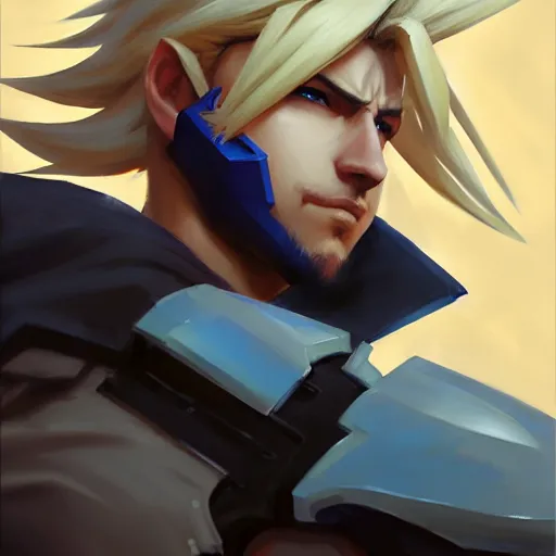 Image similar to Greg Manchess portrait painting o Cloud Strife as Overwatch character, medium shot, asymmetrical, profile picture, Organic Painting, sunny day, Matte Painting, bold shapes, hard edges, street art, trending on artstation, by Huang Guangjian and Gil Elvgren and Sachin Teng