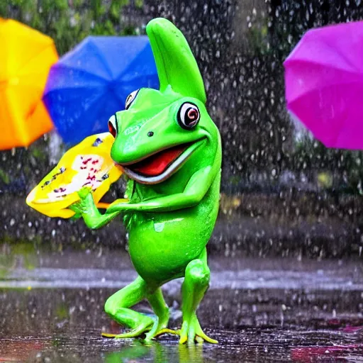 Prompt: clown dAncing with a frog in the rain