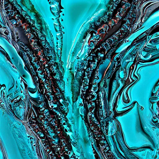 Image similar to a small turquoise color liquid water sculpture is a corvette, hybrid, viscous, reflective, monochromatic, digital art