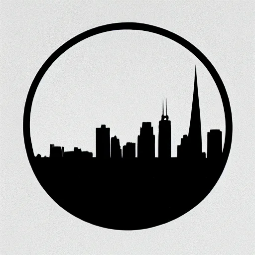 Image similar to a perfect circle where the inside is empty blank space and around the outer edge of the circle is the silhouette of a city skyline, black and white, minimalist, in the style of a charcoal drawing, made by david mellen