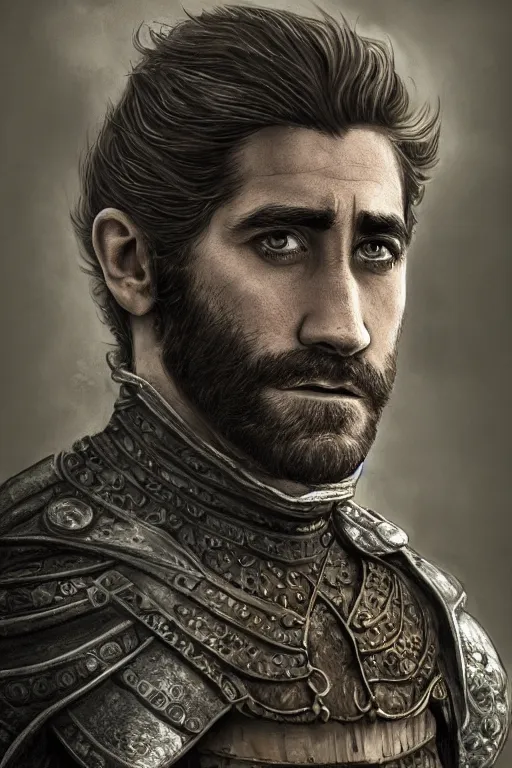 Prompt: Face portrait of Jake Gyllenhaal, D&D, magical, medieval fantasy, cinematic, highly detailed, 8k, trending on artstation by H.R. Giger
