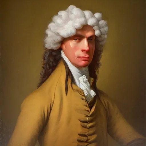 Image similar to Jerma985 wearing a colonial wig in an 18th century 1700's Painting, detailed, highly detailed, heroic, epic, complex, very detailed, realistic, HD quality, 8k resolution, body and headshot, Oil Painting, 18th century Painting of Jerma985, Painting, Trending on Artstation