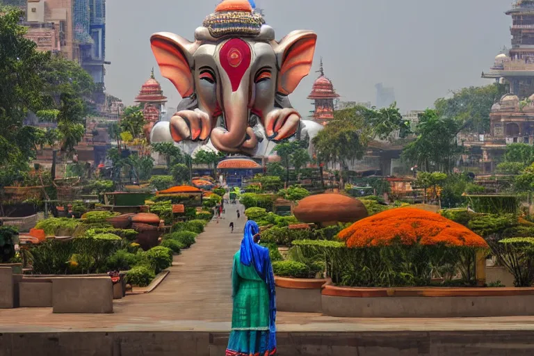 Image similar to magnificent futuristic new delhi, sharp biophilic ganesha!! building, kalighat flowers, highly detailed, stephen shore & john j. park, cinematic light, wide shot, ground angle, uhd 8 k, sharp focus