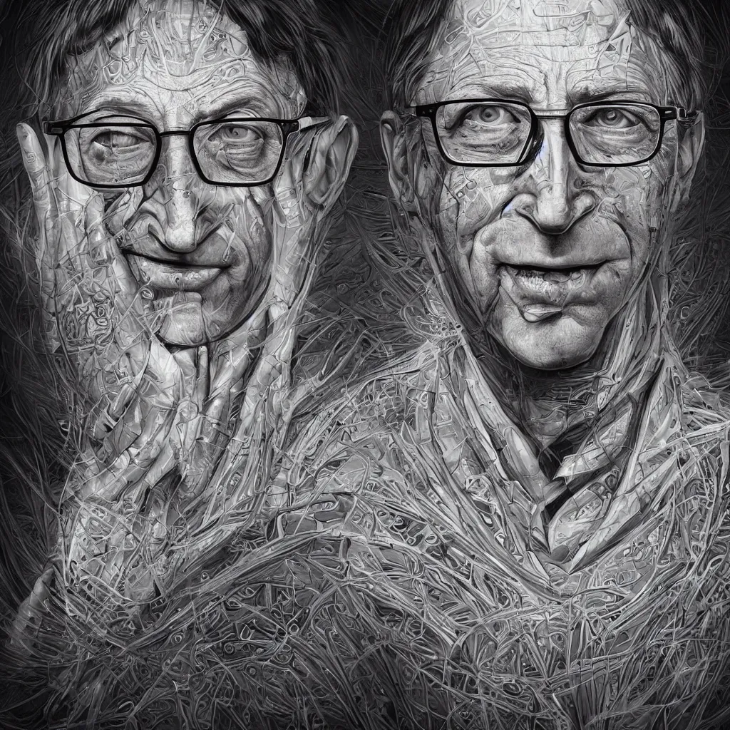 Prompt: cinematic portrait of evil looking bill gates Centered, uncut, unzoom, symmetry. charachter illustration. Dmt entity manifestation. Surreal render, ultra realistic, zenith view. Made by hakan hisim feat cameron gray and alex grey. Polished. Inspired by patricio clarey, heidi taillefer scifi painter glenn brown. Slightly Decorated with Sacred geometry and fractals. Extremely ornated. artstation, cgsociety, unreal engine, ray tracing, detailed illustration, hd, 4k, digital art, overdetailed art. Intricate omnious visionary concept art, shamanic arts ayahuasca trip illustration. Extremely psychedelic. Dslr, tiltshift, dof.  64megapixel. complementing colors. Remixed  by lyzergium.art feat binx.ly and machine.delusions. zerg aesthetics. Trending on artstation, deviantart