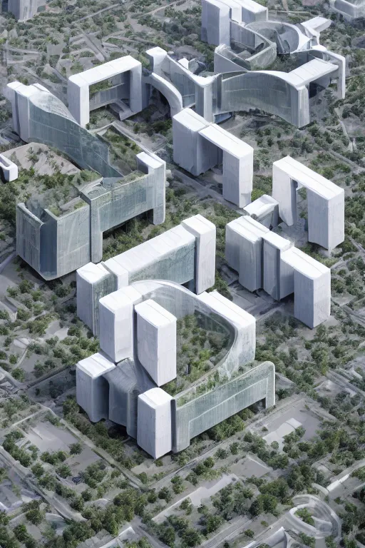 Image similar to several white future office building blocks with chinese xi'an culture, comfortable corridors and platforms, bird's - eye view, in xi'an, china, by paul lehr and john schoenherr and sou fujimoto and gmp and som and oma