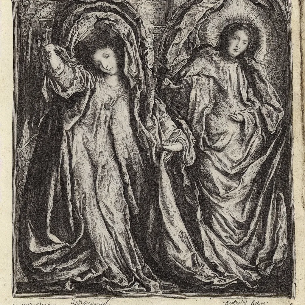 Image similar to etching of the immaculate heart of mary, highly detailed, with a baroque border, rococo styling, black and white, preserved from a 17th century breviary on vellum