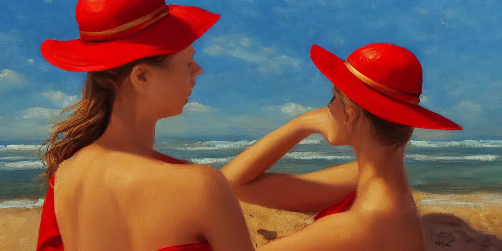 Image similar to beautiful oil matte portrait painting, young woman with red dress and mustard yellow summer hat at a beach on a sunny day, wonderful masterpiece highly detailed, beautiful cinematic light deep focus, elegant, digital painting, smooth, sharp focus, golden ratio, dramatic illumination, ultra realistic, 8 k, art by jimmy law