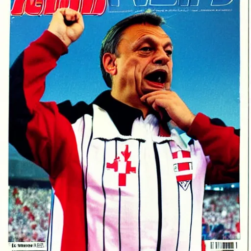 Prompt: Viktor Orbán dressed as the hungarian national soccer team leader, singing the national anthem in a stadium full of hungarian soccer fans, magazin cover art 1983