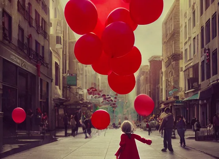 Prompt: wide angle street scene shot todd solondz a young girl holds a large bunch of red balloons by their settings, impressionistic, todd solondz, alphonse mucha, rhads, rebecca guay, artstation, artgerm, octane render,