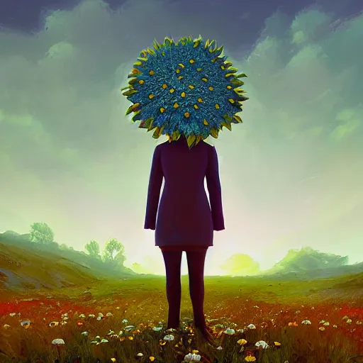 Image similar to giant daisy flower head, frontal, a girl in a suit, surreal photography, sunrise, dramatic light, impressionist painting, digital painting, artstation, simon stalenhag